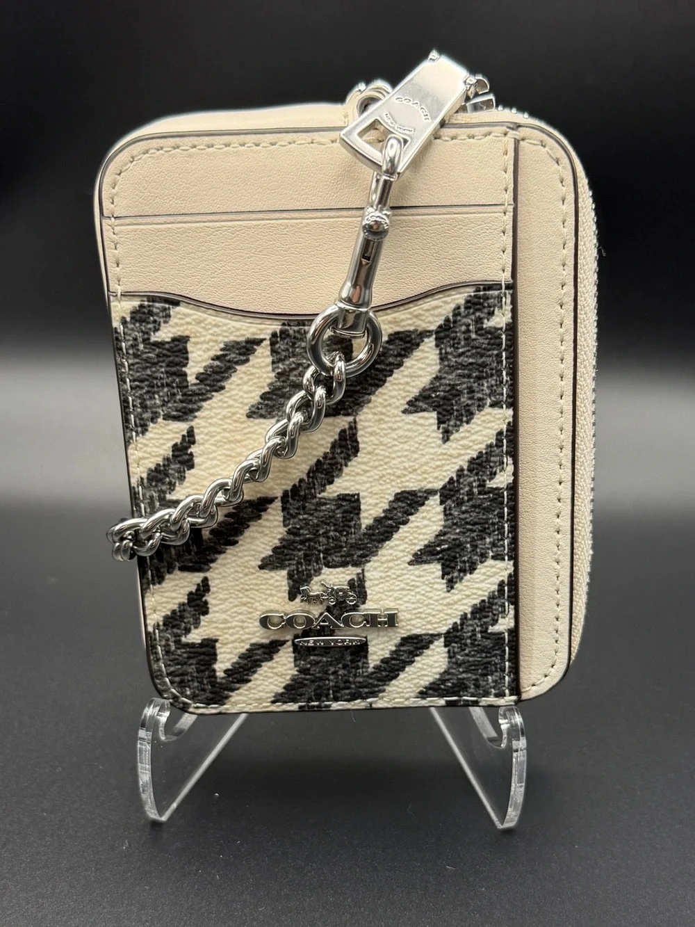 Coach Black and Cream Houndstooth Zip Card Case with Chain Clip